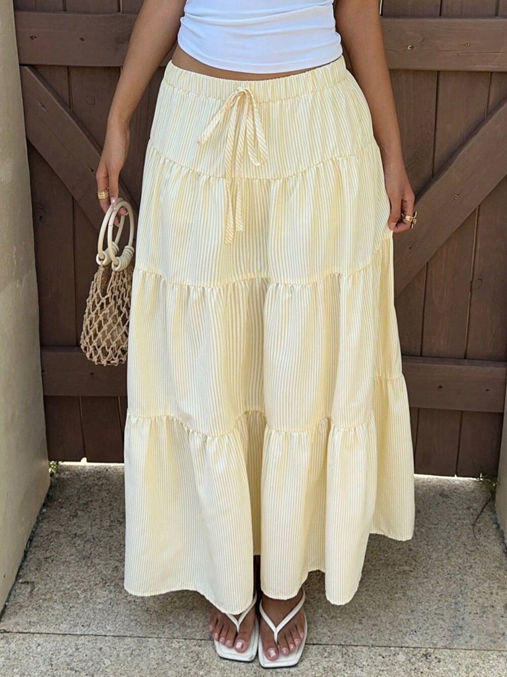 Yellow Casual Women's Butter Striped Long Skirt - Picture 4 of 5
